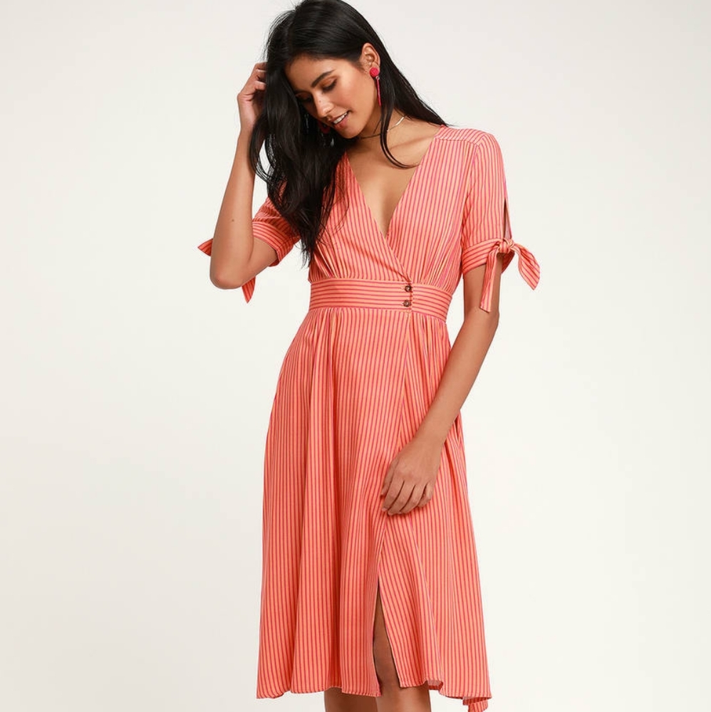 (Lulu's) Coral Pink Striped Wrap Dress, Sz. XL